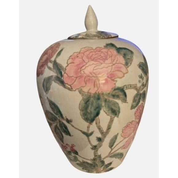 Chinoiserie Pink and Green Peony Ginger Jar With Lid from Late 20th Century - Picture 4 of 13